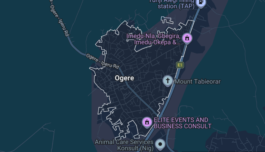 Google Maps view showing Ògèrè Rẹ́mọ and surrounding road connections.